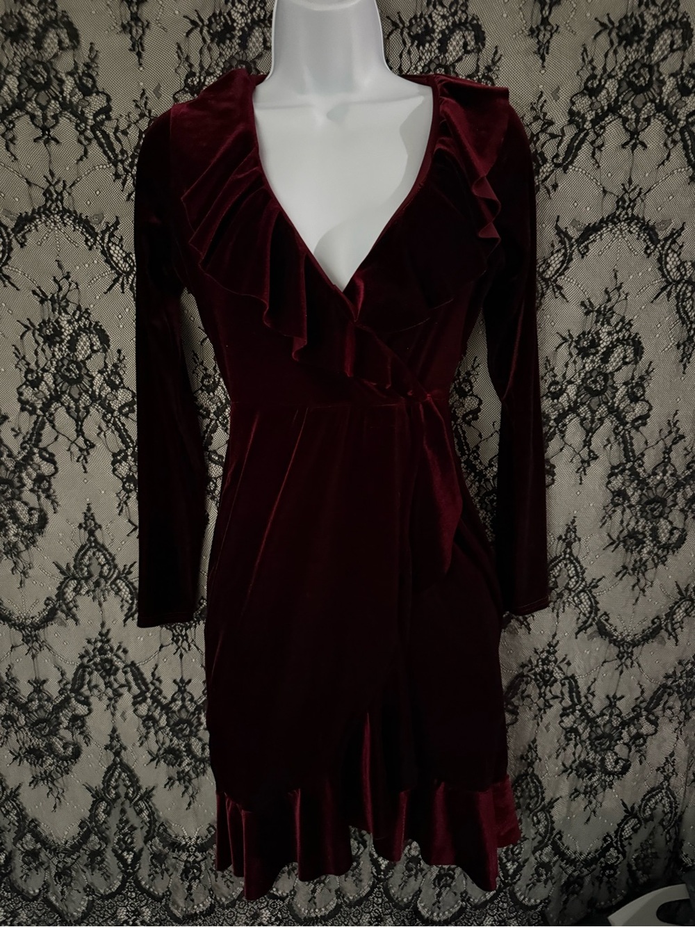 Women’s Velvet Ruffle Wrap Dress — Burgundy